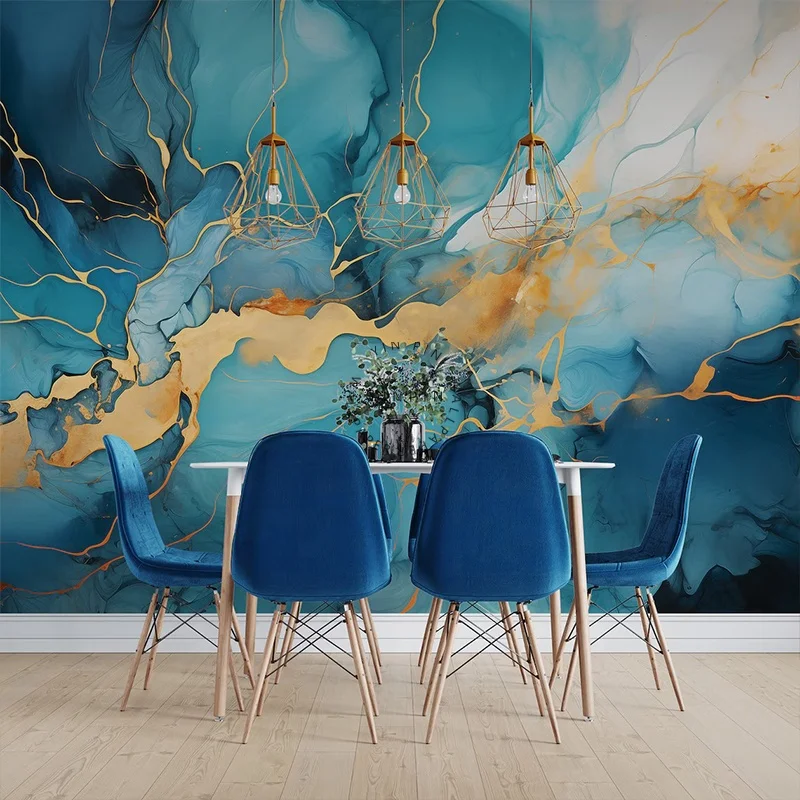 Blue and gold marble wall art wallpaper abstract modern mural