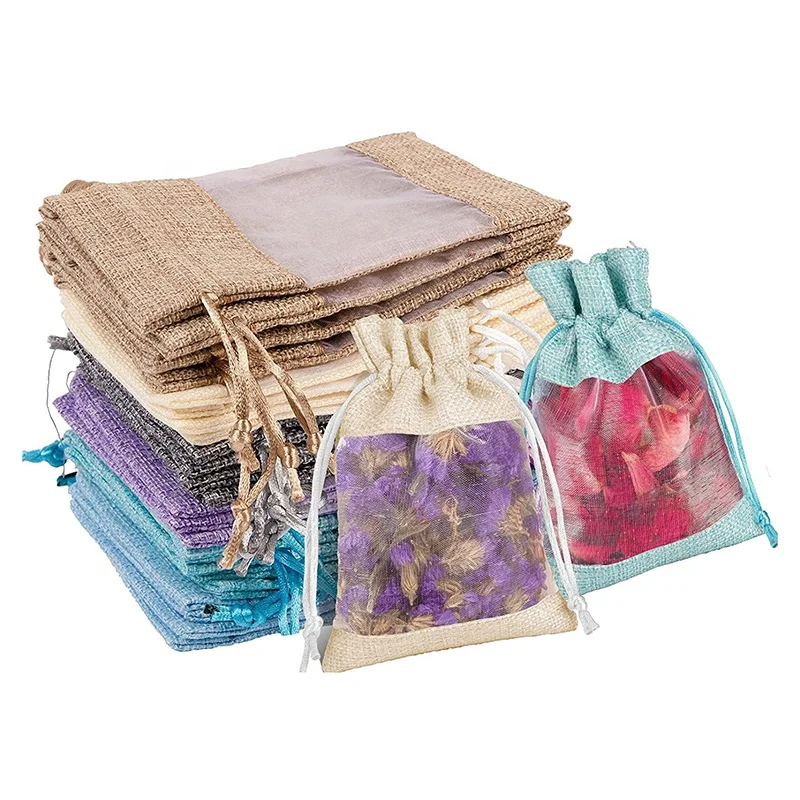 Small Linen Burlap Gift Bags Jewelry Drawstring Pouch Jute Bag With Window