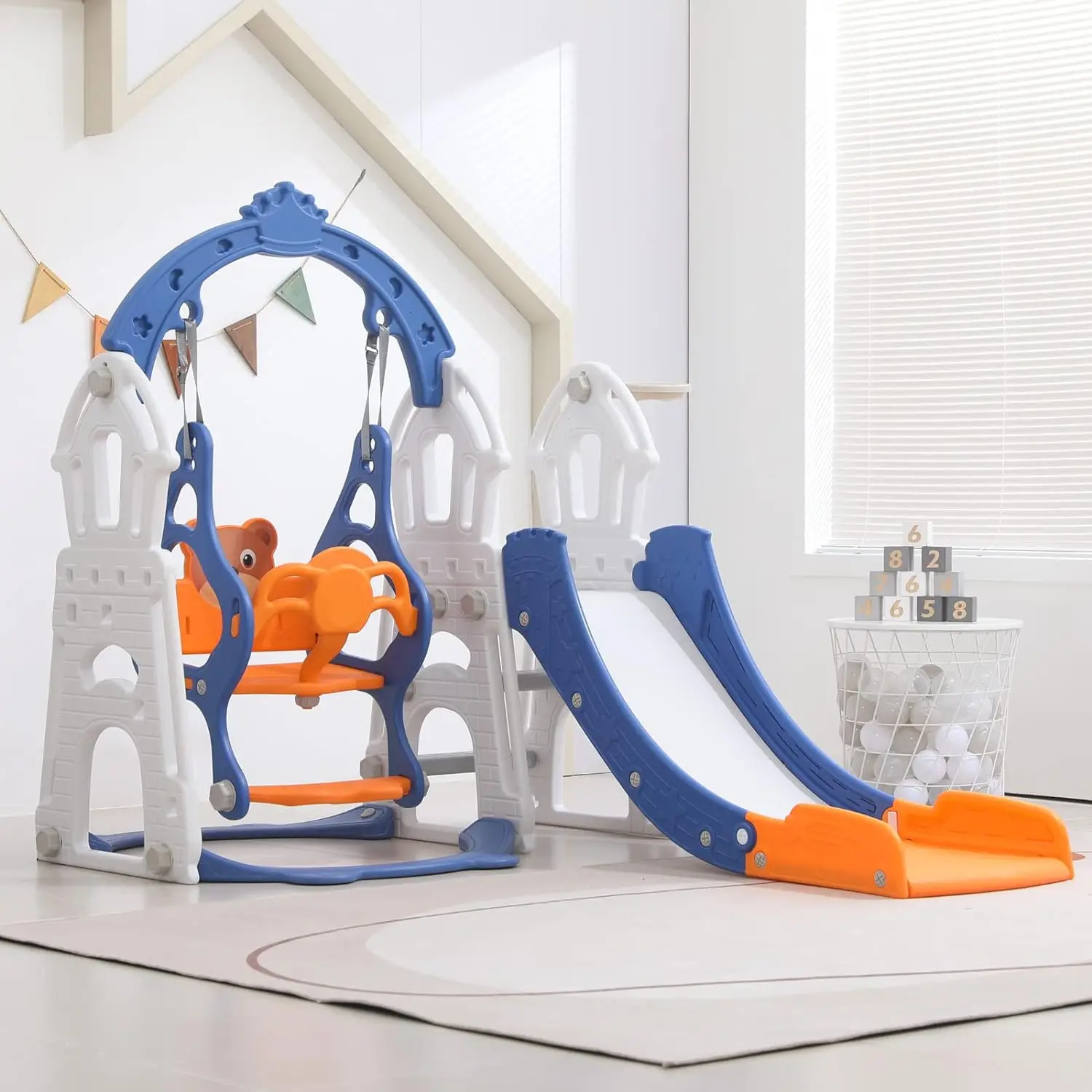 Blue Slide and Swing Set Children Outdoor Playground Equipment