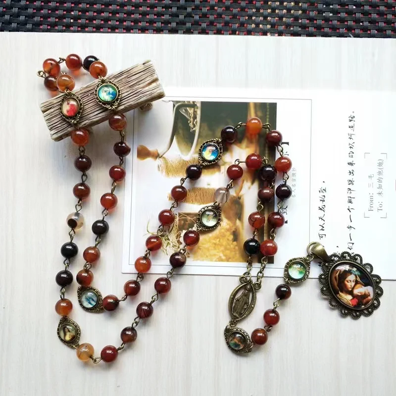 Religious Glass Agate Stone Beads Rosary Seven Bitter Rosary Men and Women Religious Pendant Necklace