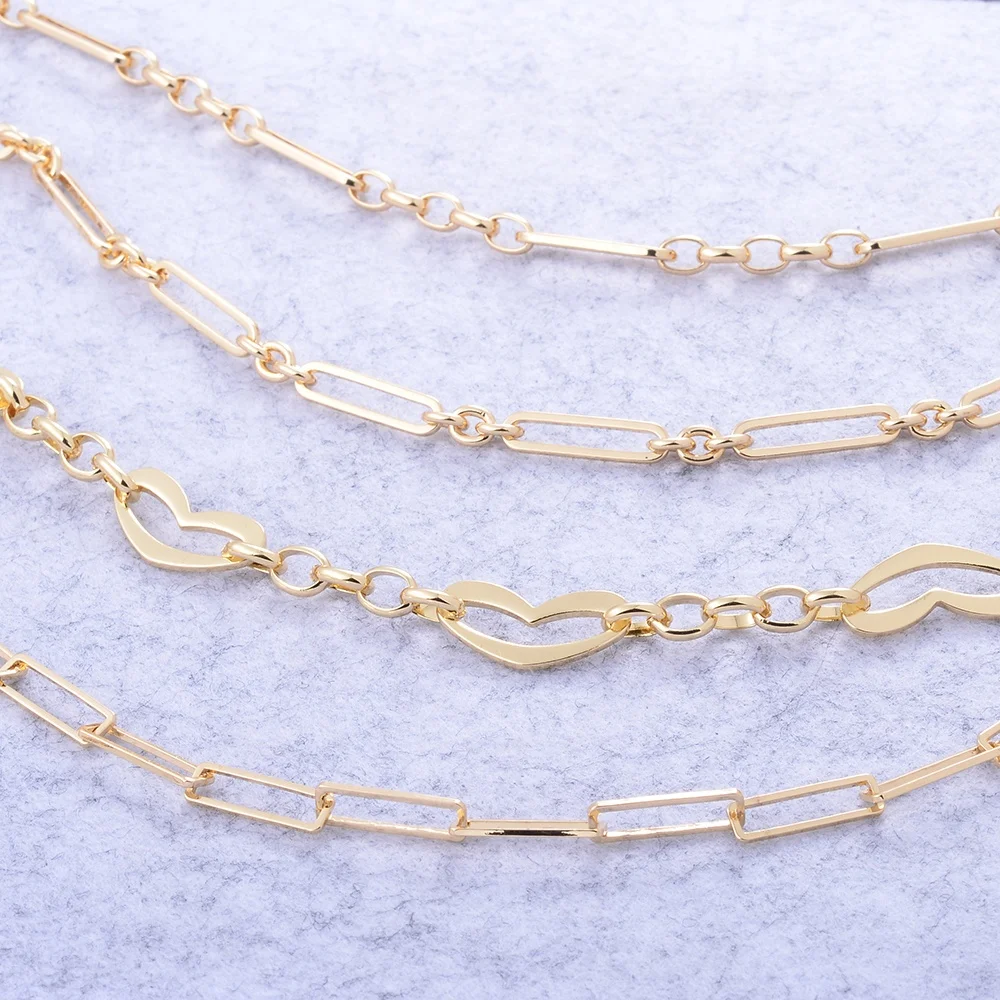 Wholesale Curb Cross Cable Chain Bulk 18K Gold Plated Brass Necklace Long and Short Heart Chain for DIY Bracelet Jewelry Making
