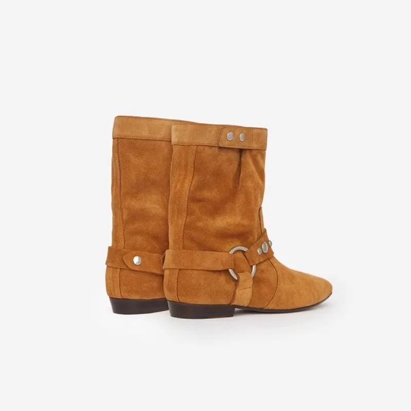 Hot Style Vintage Rivet Cowhide Leather Ankle Boots Suede Pointed Toe Boots Cowboy Women Ankle Boots