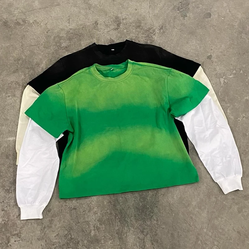 Blank T Shirt Screen Printing Raw Hem French Terry T Shirt Double Layered Long Sleeve Oem Custom Heavy Cotton for Men