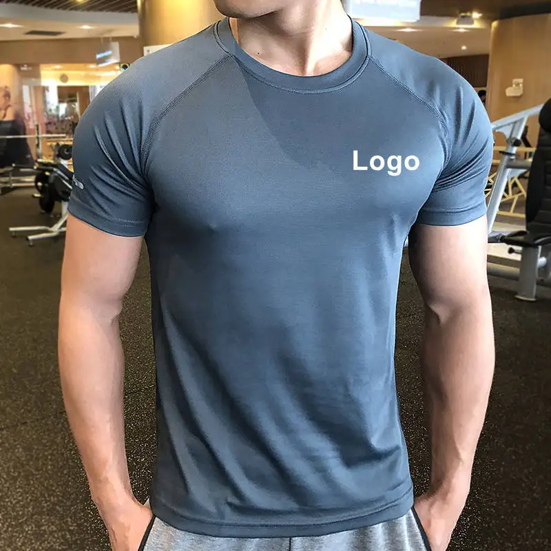 High Quality Crew Neck Athletic Running Training Muscle Casual Solid Color Sport Elastic Quick Dry Fitness Gym T Shirt Men