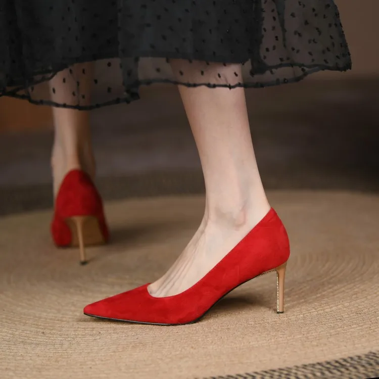 wholesale genuine leather women custom sheep skin pointed toe kitten high heel ladies shoes