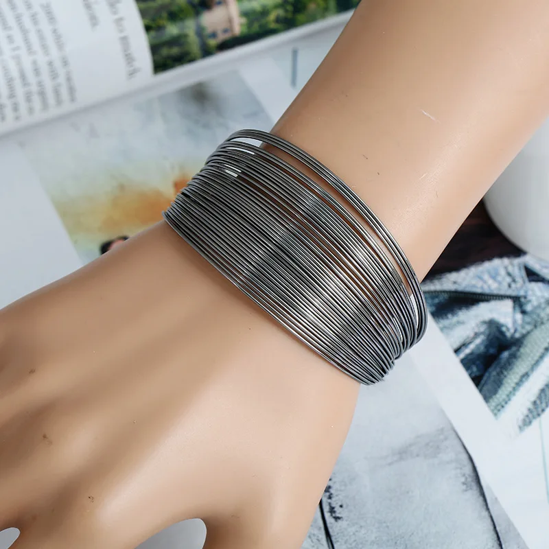 Punk Multilayer Iron Wire Wrap Open Bangle Wide Cuff Bracelet For Women Jewelry Metal Black Gold Silver Color Bangle Female
