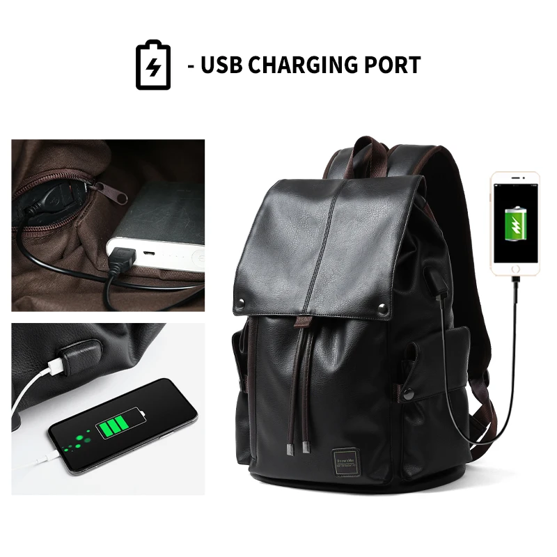 Custom Logo PU Leather Laptop Backpack Black Leather Bags Men Business Computer Backpack for Men