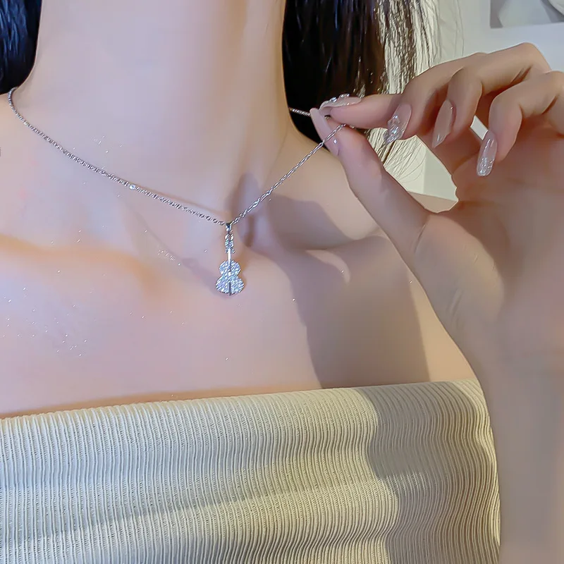 Womens Gold Handmade Musical Instrument Man Silver Zircon Diamond Pendant Necklace For Women