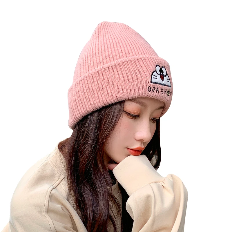 Осенне-зимняя вязаная шерстяная шапка уличная теплая шапка с вышивкой Doraemon плотная вязаная шапка зимняя для зимы