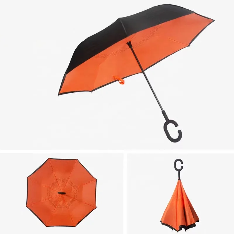 New Model Inverted Reverse Umbrella Double Layers Sun Rain Car Umbrella Upside Down Umbrella Automatic With C Shape Handle