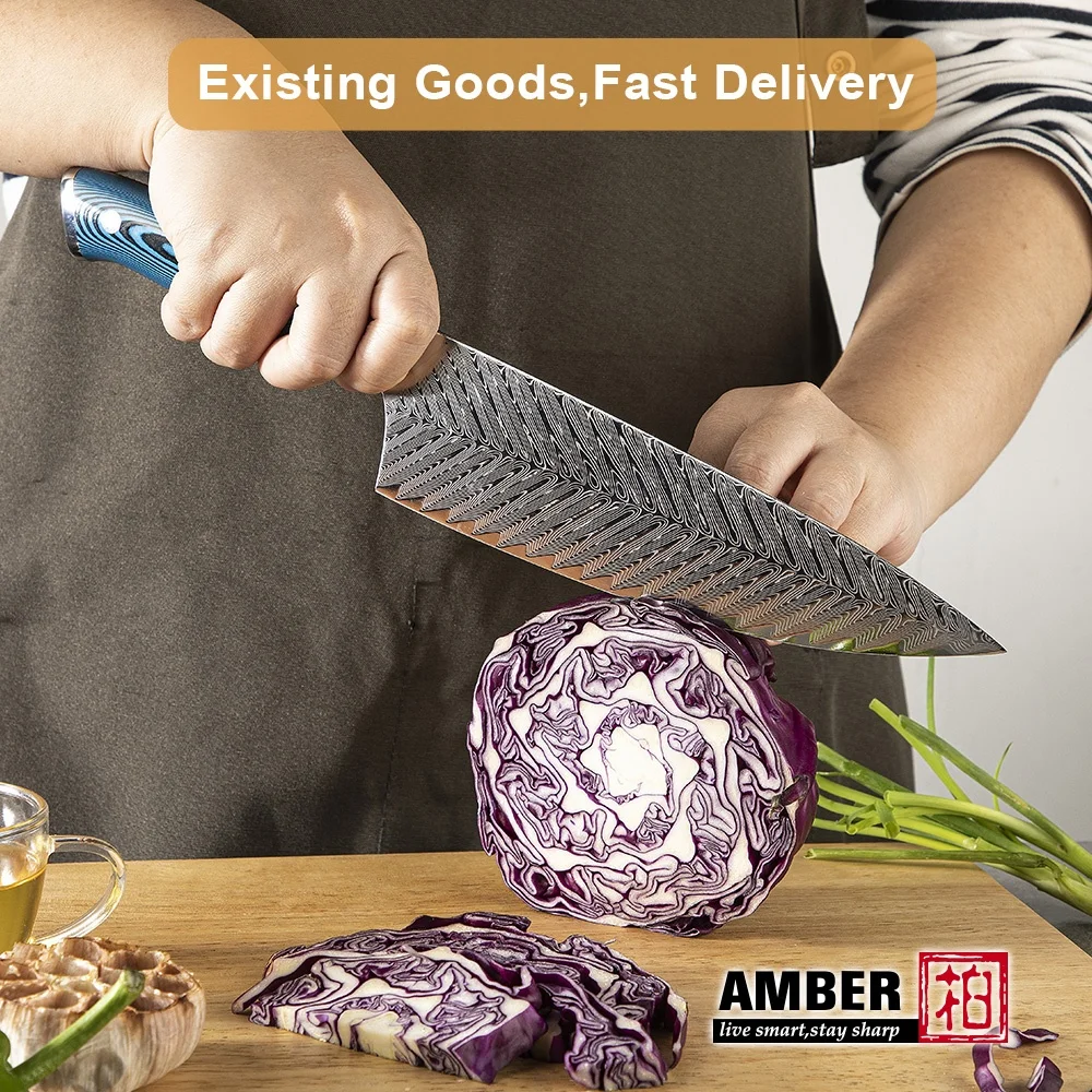 Yangjiang Amber Damascus Kitchen Knife Set with Blue Pakka Belle Wood Handle High Quality Knife Set