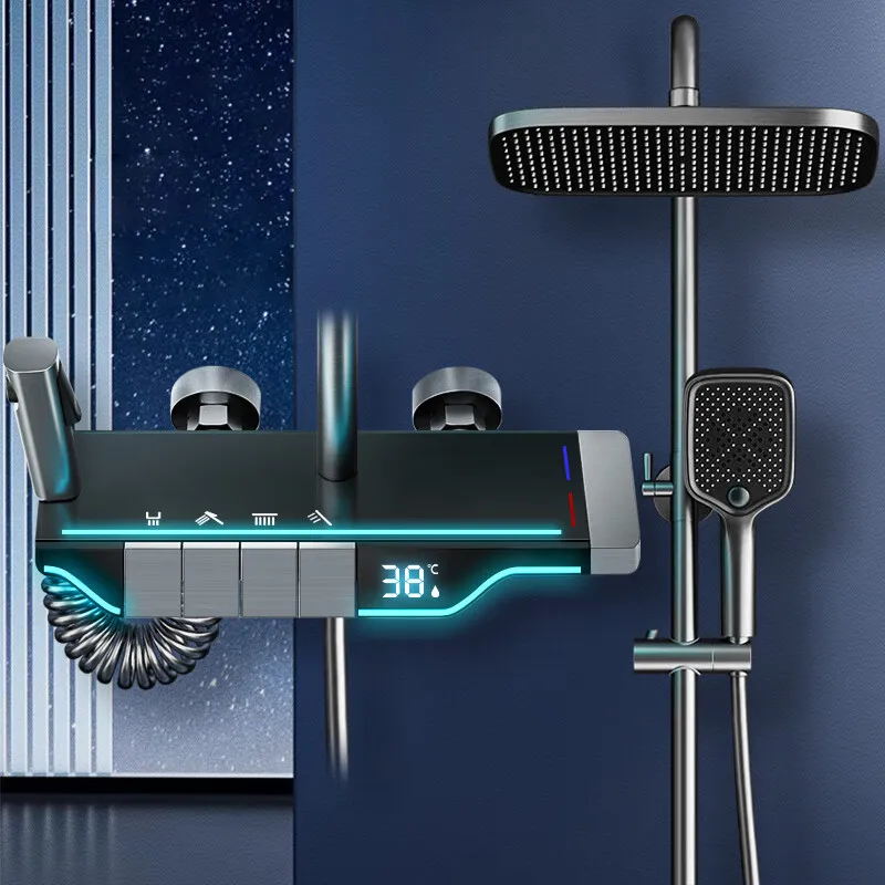 Modern Digital Cold And Hot Water Brass Luxury Rain Mixer System Piano Key Bathroom Smart Shower Set with LED Light