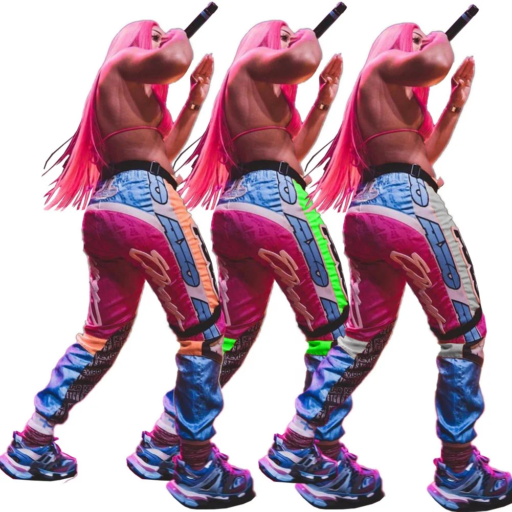 Fall Casual Long Color Block Letter Printed Loose Motorcycle Sweat Trousers Track Cargo Sweat pant Joggers Women Ladies Pants