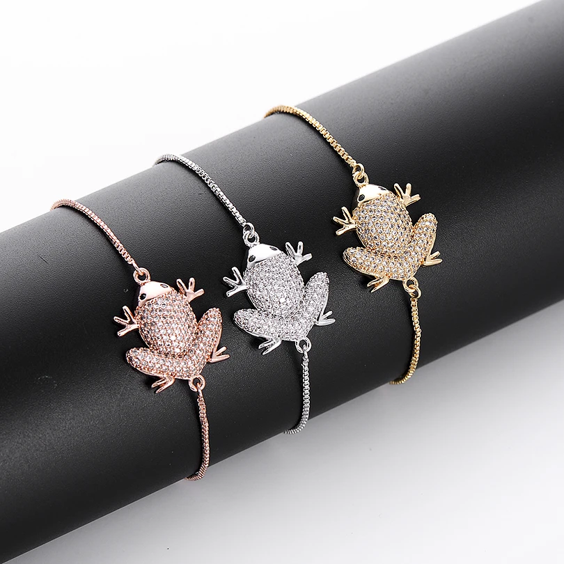 Jewelry  Animal Charm Rose Gold Color Bracelets Luxury Full Micro Cubic Zirconia Big Frog Chain Bracelet for Women Men