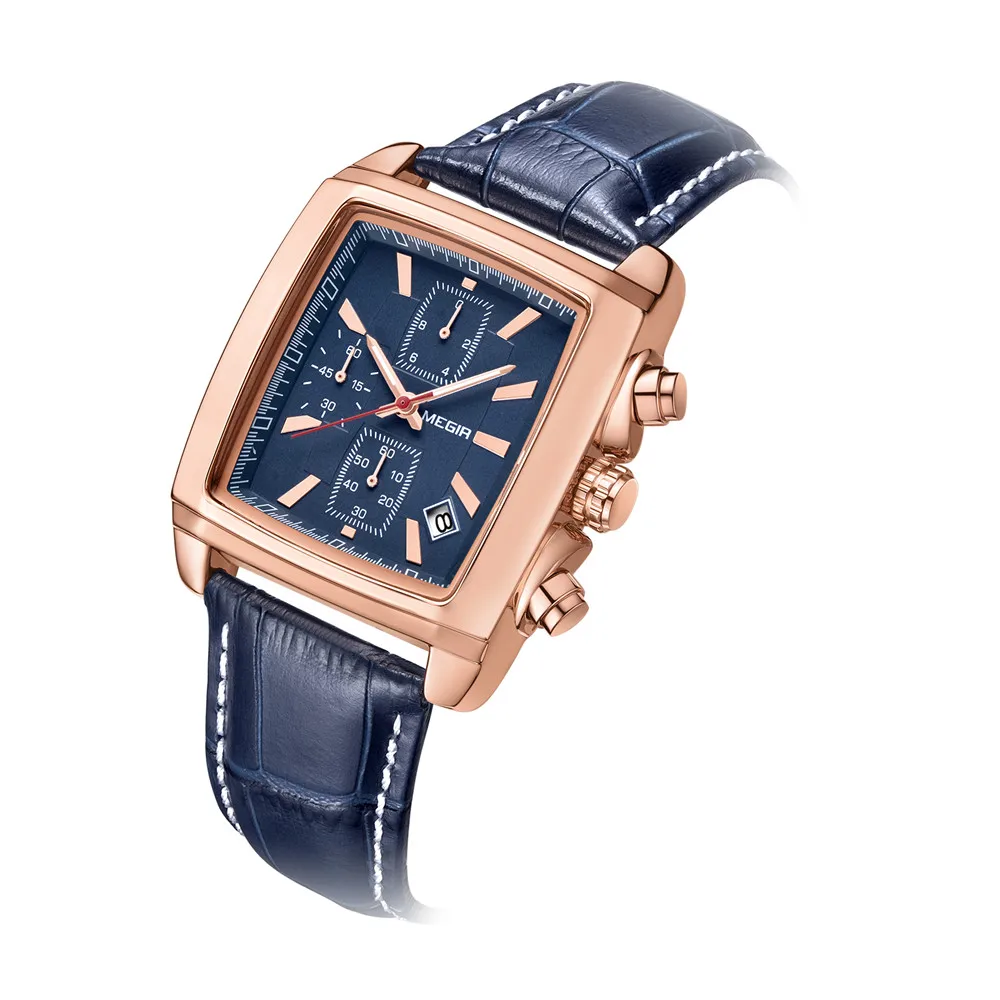 MEGIR 2028 Fashion Rectangle Luxury  Chronograph Rose gold Square Quartz Watches for Men