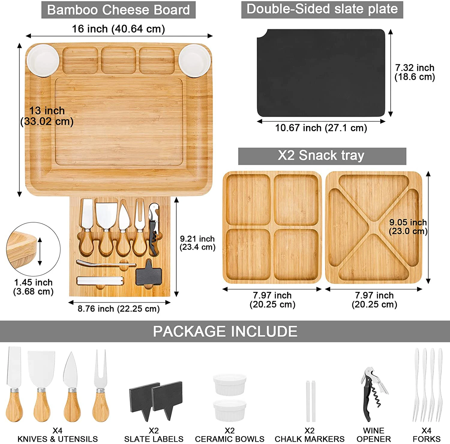 Wholesale Bamboo Cheese Board With Cheese Knives Black Slate Labels Wine Opener Ceramic Bowls