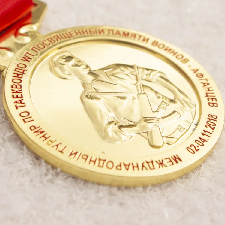 OEM design sport medal hanger custom made award gold taekwondo medals with red ribbon