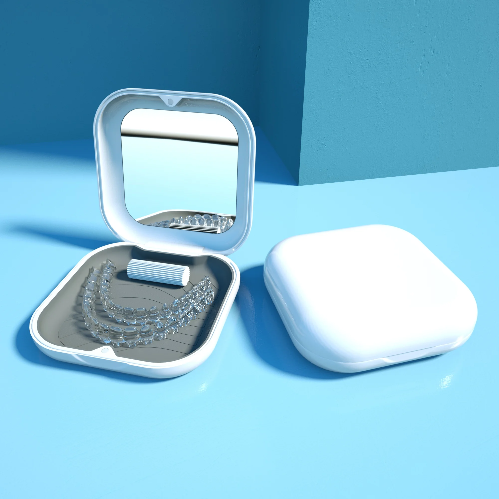 Custom Logo Small Aligner Orthodontic Retainer Case ABS Denture Storage Case with Mirror