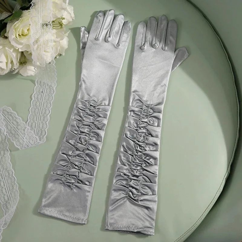50cm Opera Dress Wedding Long Satin Shirred Elbow Gloves Bridal Party Gloves For Women