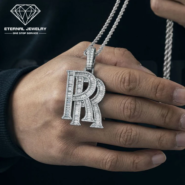 Men Women Hip-hop R Letter Baguette Iced out S925 Silver 9k 10k 14k 18k Gold Plate Yellow White Moissanite Diamond Pendant