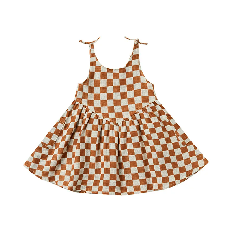 Checkered Print Cotton Linen Girls Sleeveless Dress Shoulder Tie V Shape Girls Dress