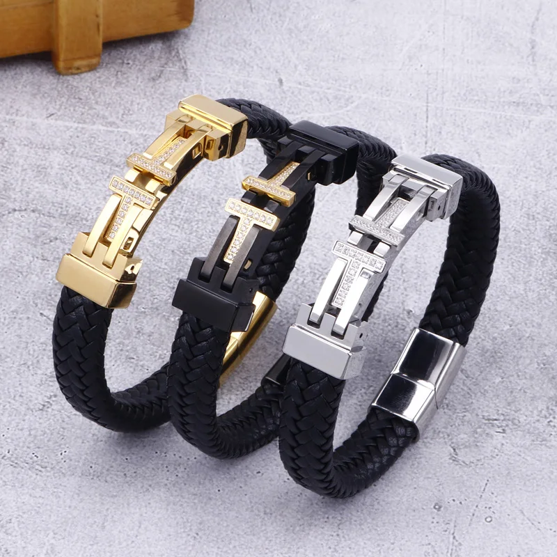 KALEN Gold Black Stainless Steel Zircon Cross Leather Bracelet