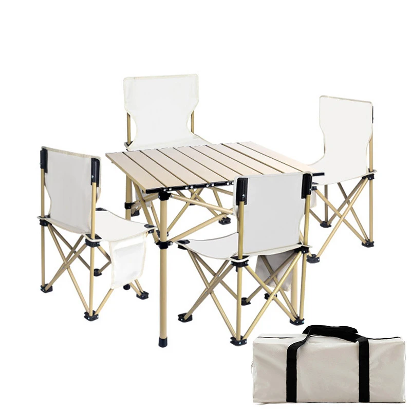 5 Pieces Outdoor Steel Camp Table Set Compact Camping Table Camping Chair with Front Tables