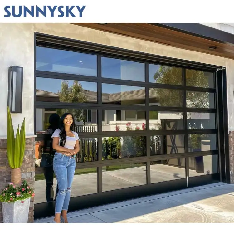Sunnsky New Design Modern aluminum tempered full view glass garage door price mirror plexiglass panel garage doors