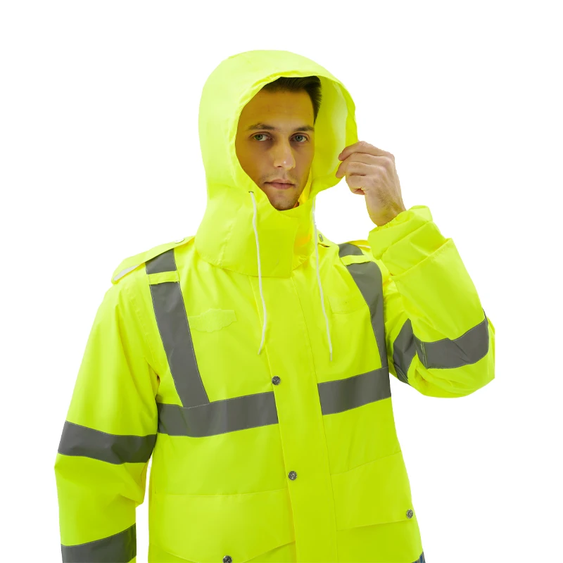 Wholesale Construction Worker Yellow Raincoat Waterproof FR Reflective PU with Oxford Cloth for Adults Industrial Work Camping