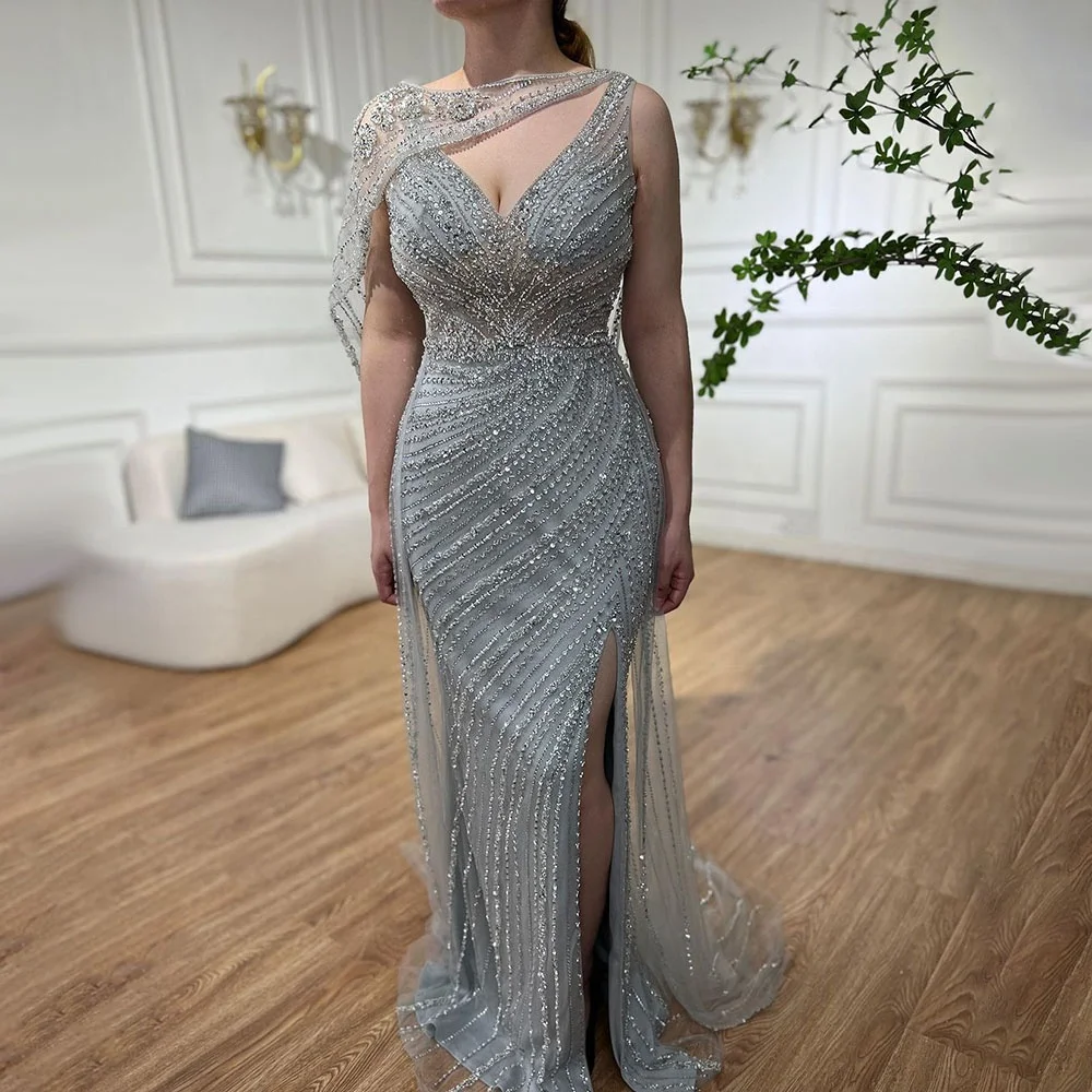 Champagne Beaded Sleeveless Sexy Mermaid Evening Dresses 2021 Serene Hill LA70301 V Neck Long Party Gowns For Women  Plus Size