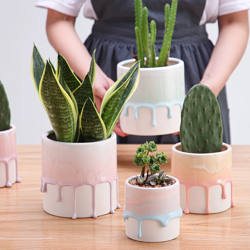 Ceramic Flowerpot New Nordic Style Cylindrical Ceramic Flow Glaze Boutique Handmade Flower Pots Green Plants Pot