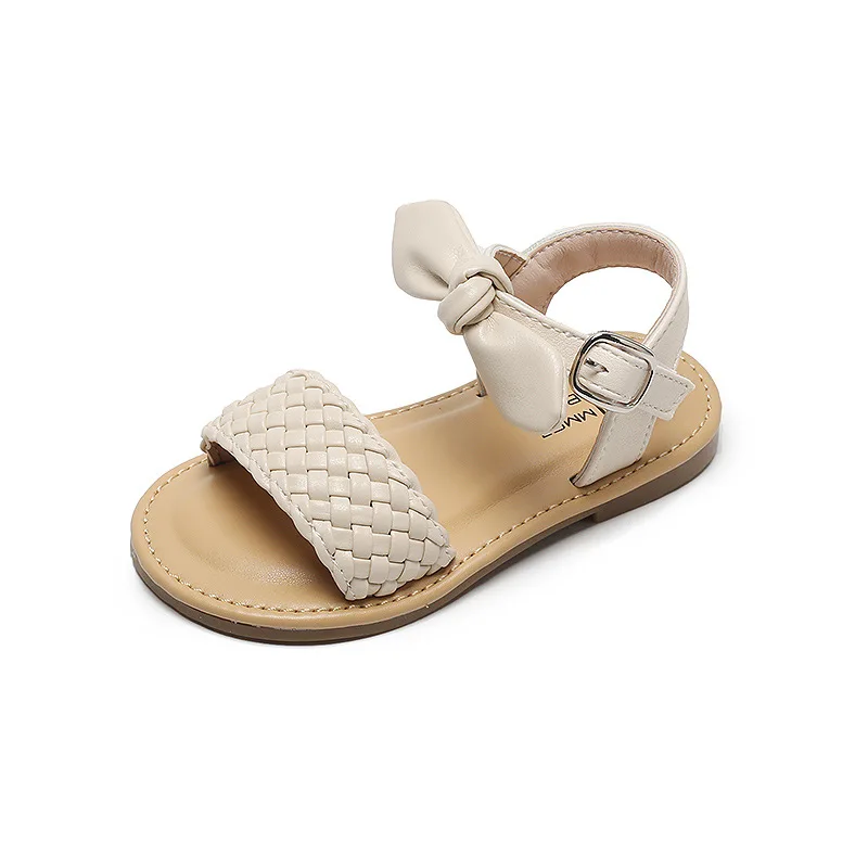 Western style girls woven sandals summer sweet bow board shoes soft bottom beach artificial leather sandals