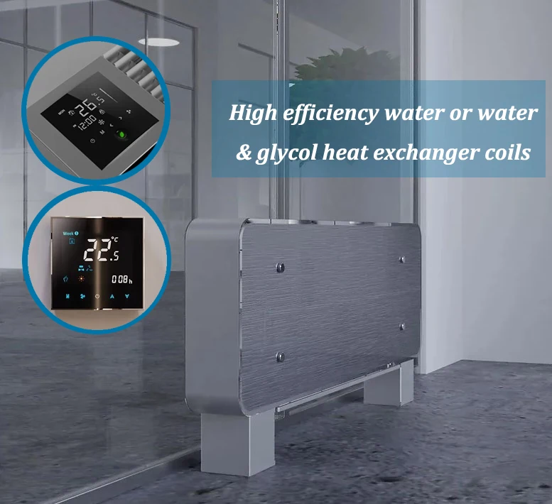 Ultra Thin Hydronic Fan Coil Heating & Cooling Water Radiator 12cm Thickness with Dc Inverter Motor 115V/60HZ Glass Panel