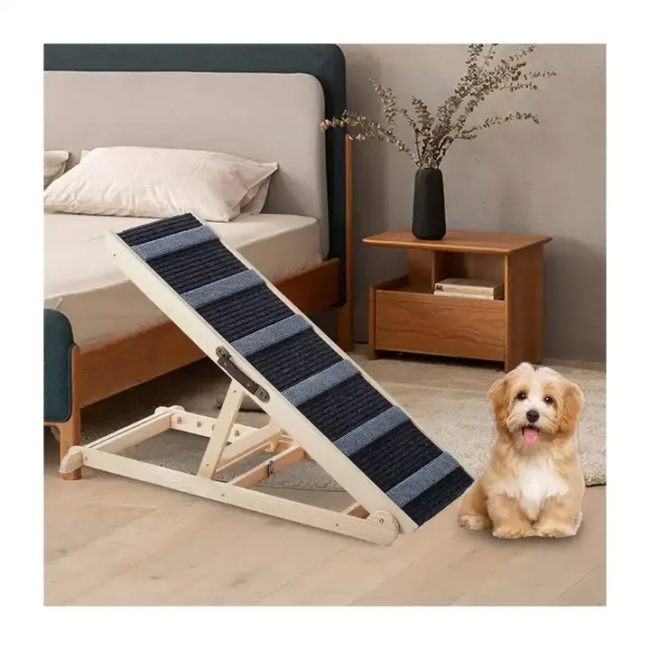 Custom natural solid Wooden Pet Stairs Steps Senior Dog 6 Height Folding Climbing Ladder Ramp multifunction Folding Dog Ramps