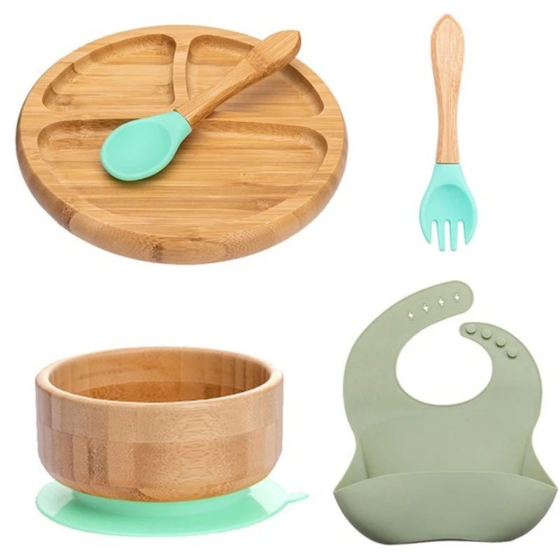 Manufacturer Factory Baby Led Weaning Set 5PCS Silicone Bib Baby Wooden Bowl Suction Plate Bamboo Baby Feeding Set