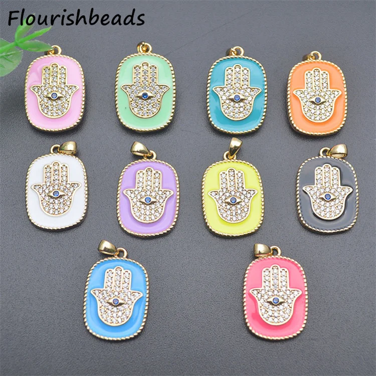 High Quality Nickel Free Anti Fading Gold Plated Cubic Zircon Pave Rectangle Hamsa Hand Evil Eye Charms Pendants for Necklace