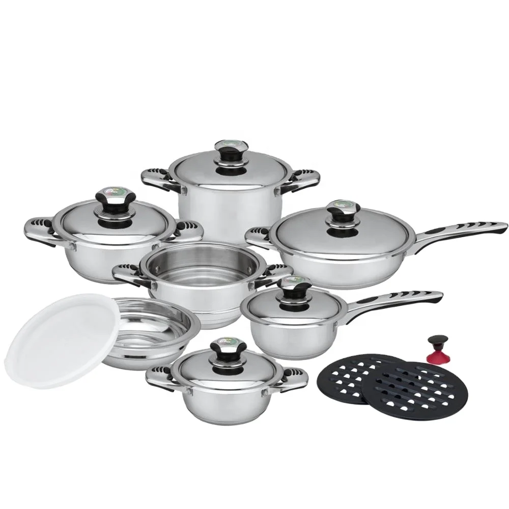 16 pcs Wide Edge Stainless Steel Cookware Set with glass lid/steel lid  for all stoves
