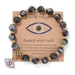 8mm Semi-Precious Gemstone Bracelet with Evil Eye Charm Healing Crystal Stone Stretch Bracelets for Men Women