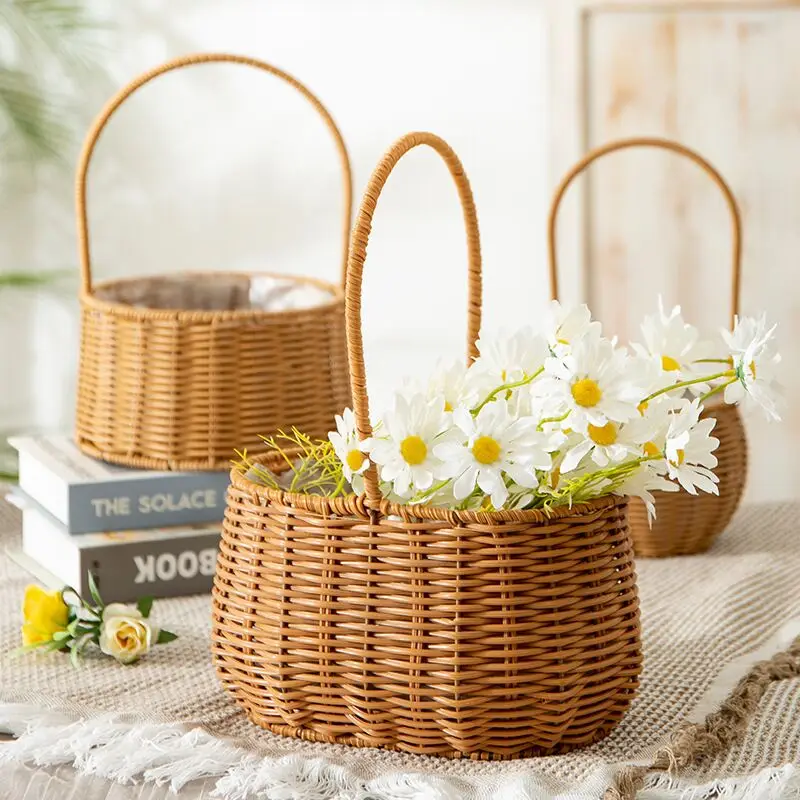 Woven flower basket portable plastic rattan basket decorative home flower basket