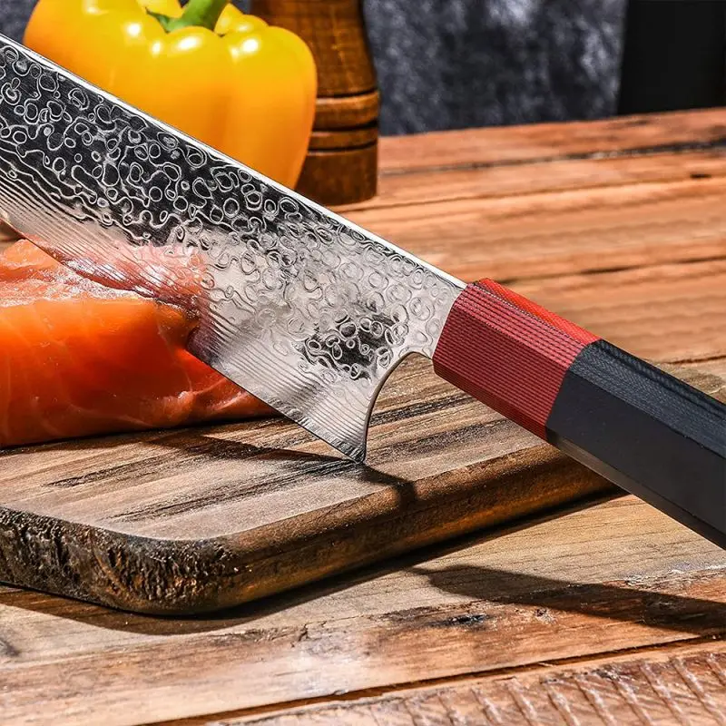 Multipurpose Japanese Vg 10 Damascus Steel Chef Knife Heavy Duty Fixed Blade Knife With Black Handle