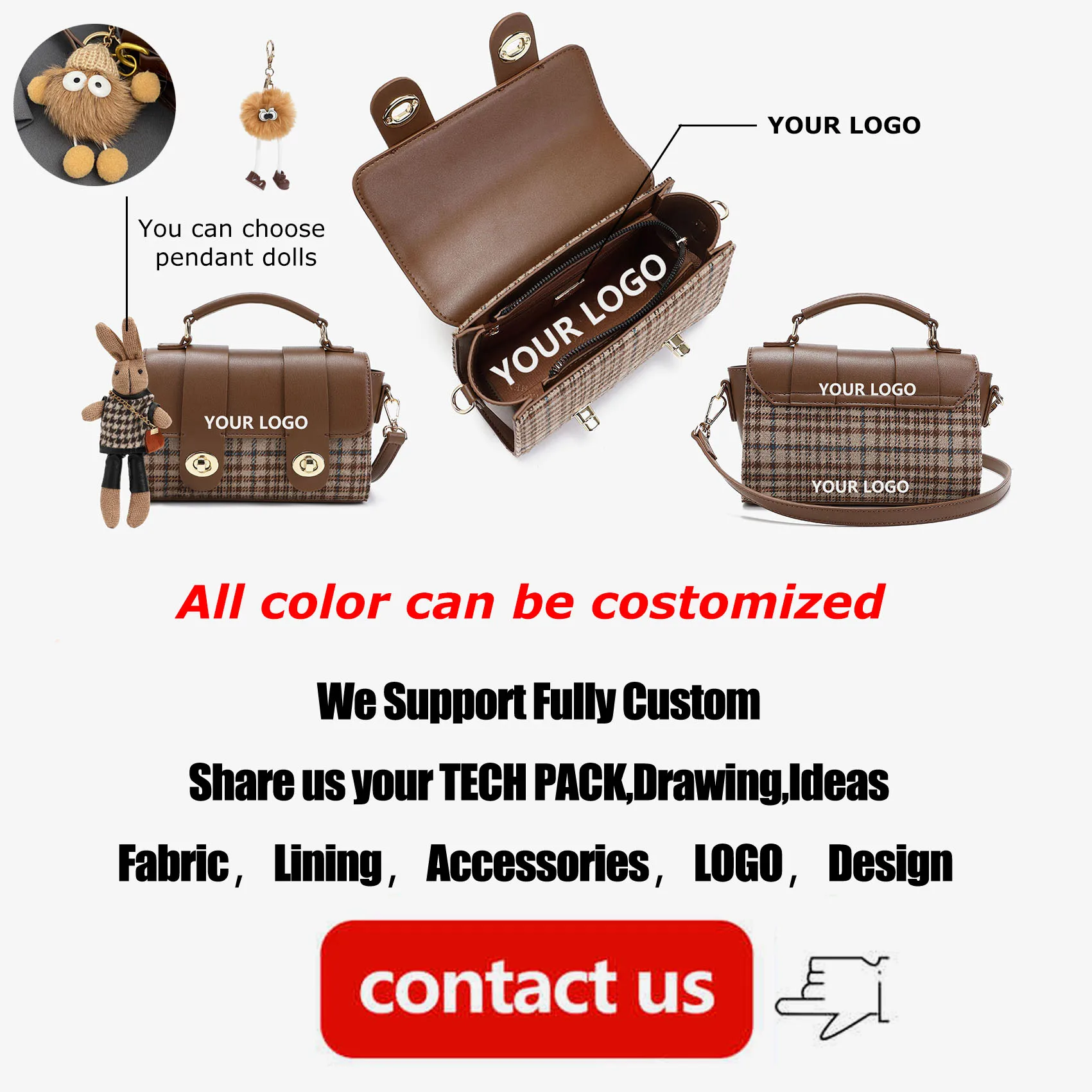 FANXI Customized Logo Hot Handbag Women Checked Handbag Shoulder Slant Cross Girl Retro Purse Casual Messenger Bag Four Seasons