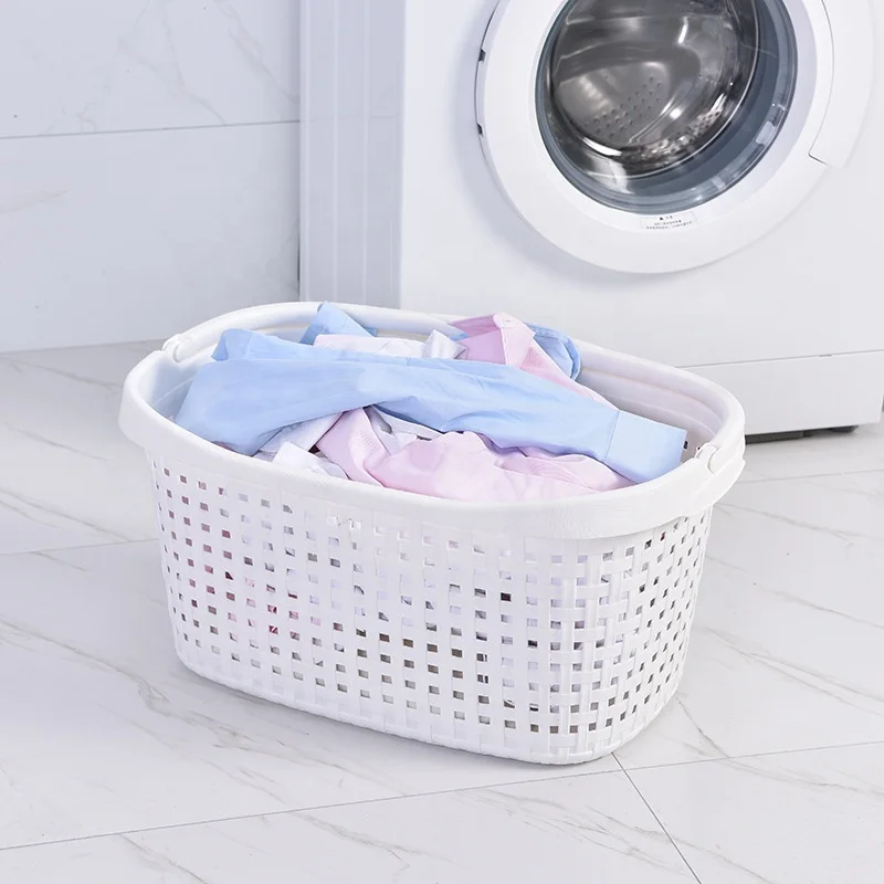 Hollow rectangular laundry basket with customizable long handle, portable plastic laundry basket for bedroom and living room