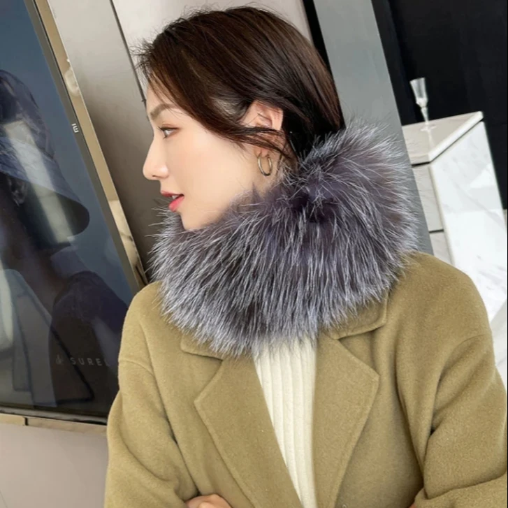 Wholesale Real Fox Fur Headband Winter Women Silver Fox Fur Scarf Knitted Soft Fluffy Fur Collar Neckerchief