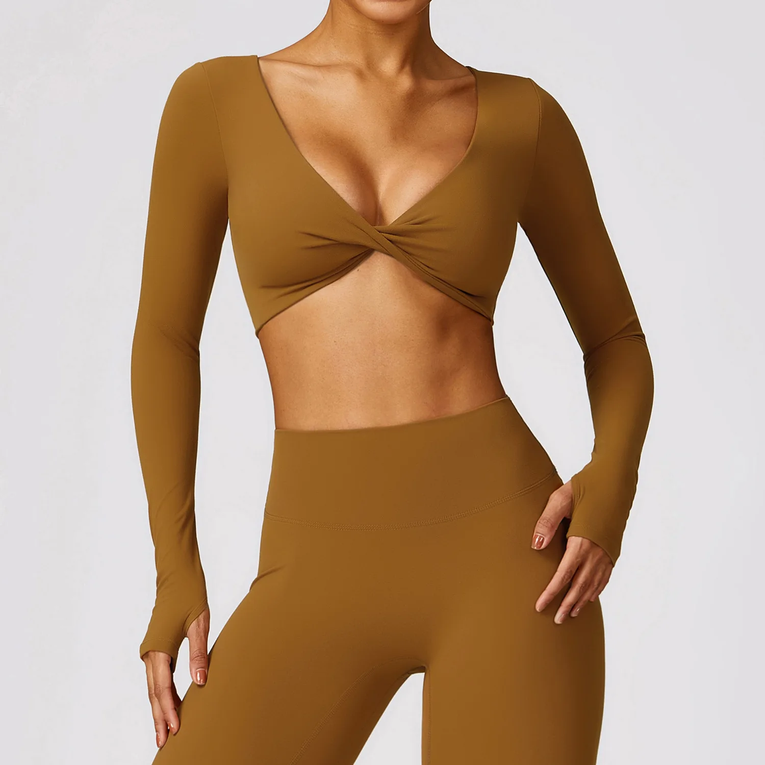 New Arrived Sexy Athletic Cross Twist Front Workout Gym Sports Wear Fitness Running Yoga Long Sleeve Active Crop Top for Women