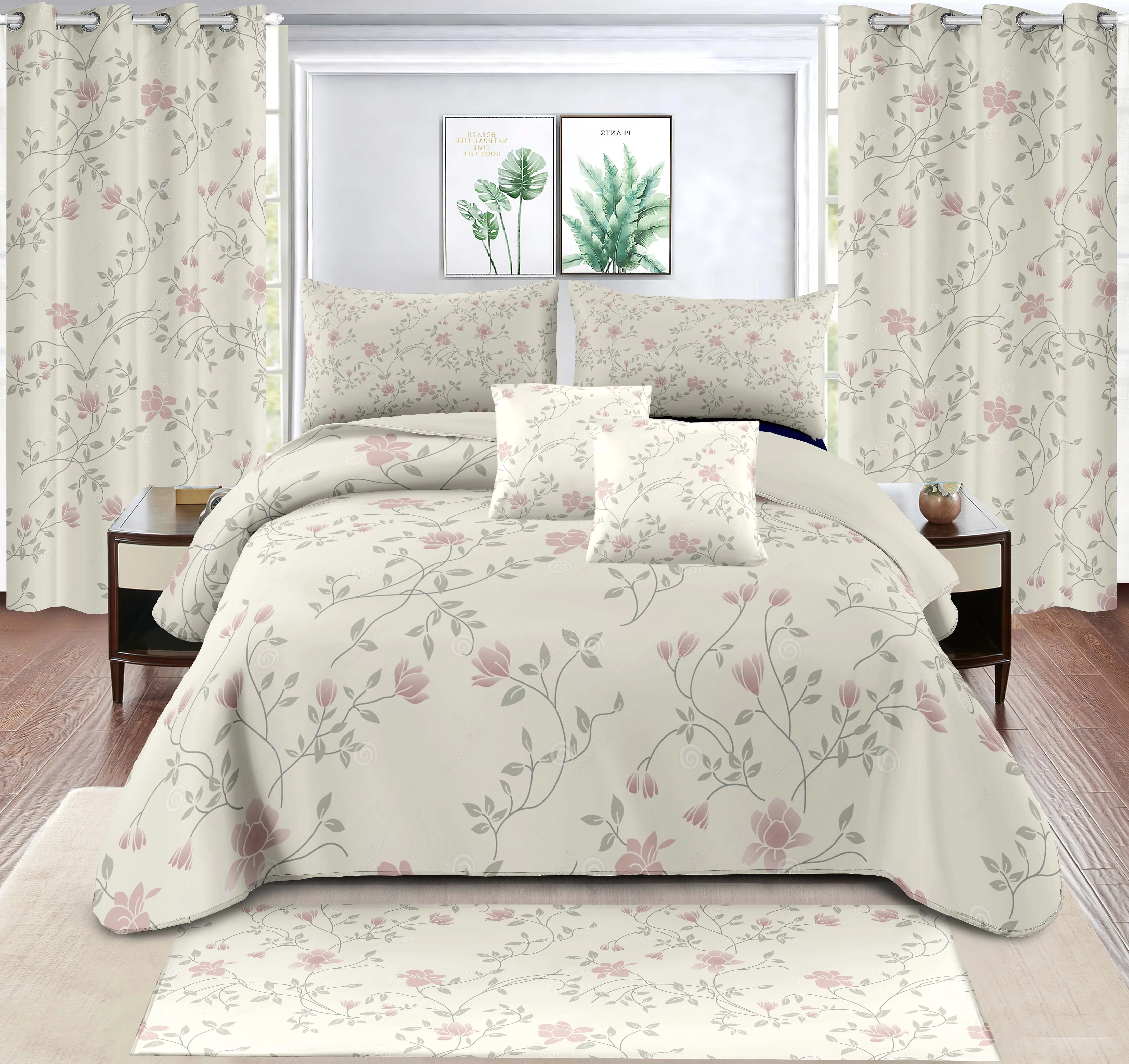 Customized Bedding Sets 7 Pieces Bedspread Quilted Bed Sheet Set with Curtains and Pillow