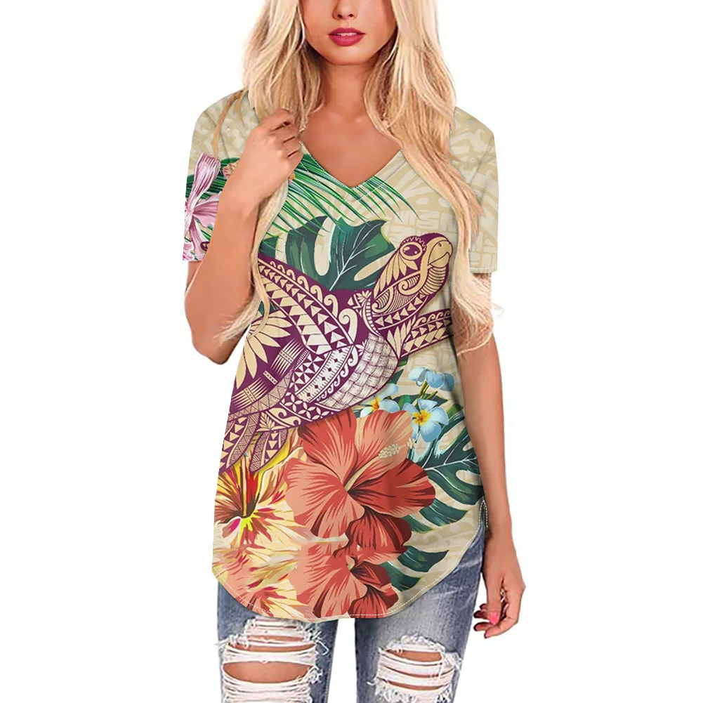 
Vogue Polynesian Tribal Sea Turtle Print Women Tees T-shirt Funny Summer T Shirts V Neck for Ladies Latest Short Sleeve T Shirt 