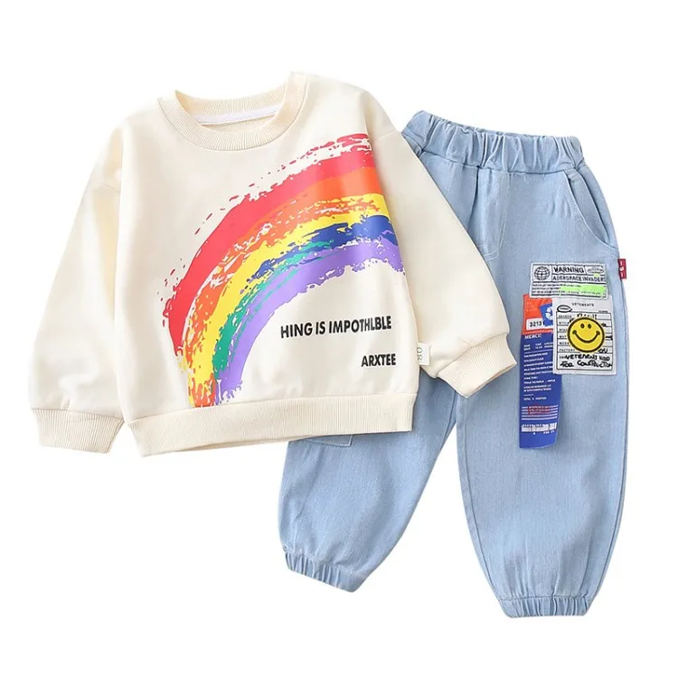 
Modern Design Kids Spring Cartoon Pullover and Jean Pants 2Pcs Suit Boys Clothing Sets 