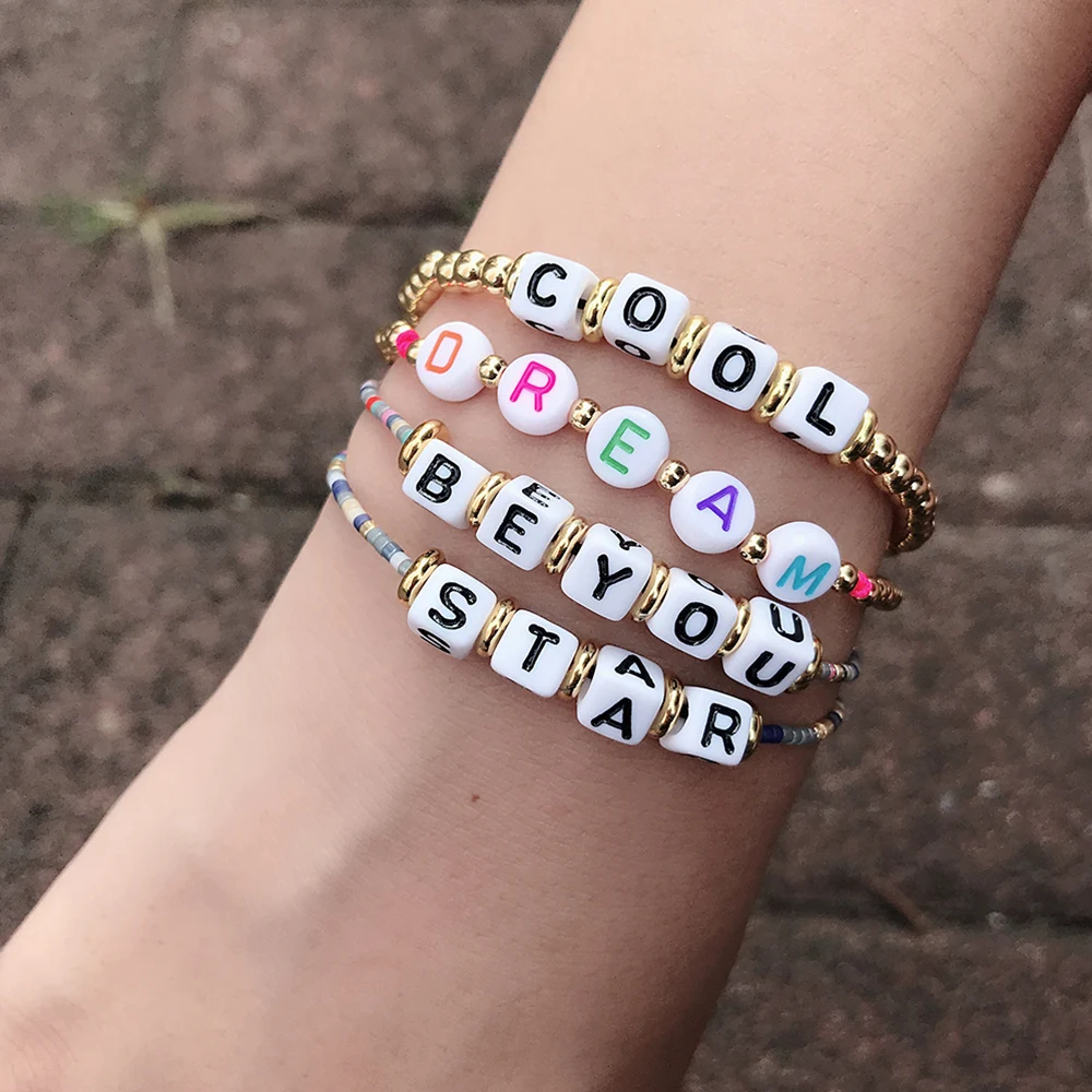 New Fashion Hotsale Adjustable 3mm Brass Beads Bracelet Handmade Resin Letter Seed Beads Bracelet For Women