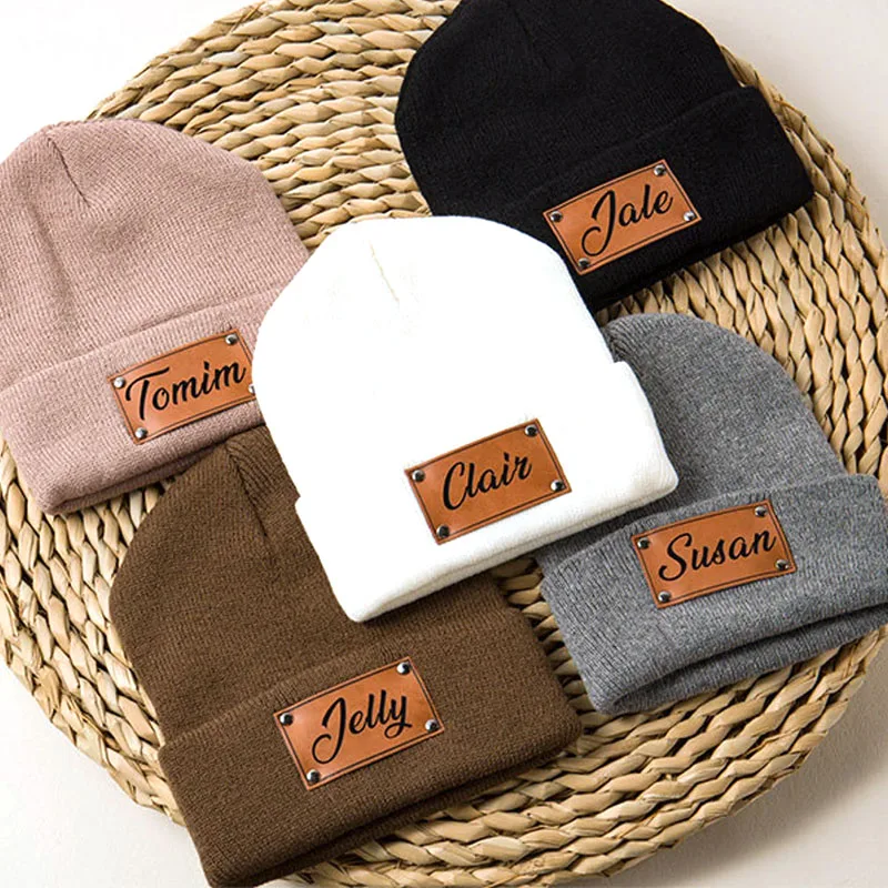 winter hats Custom Personalized company Name Customized Beanies cap with Leather Patch