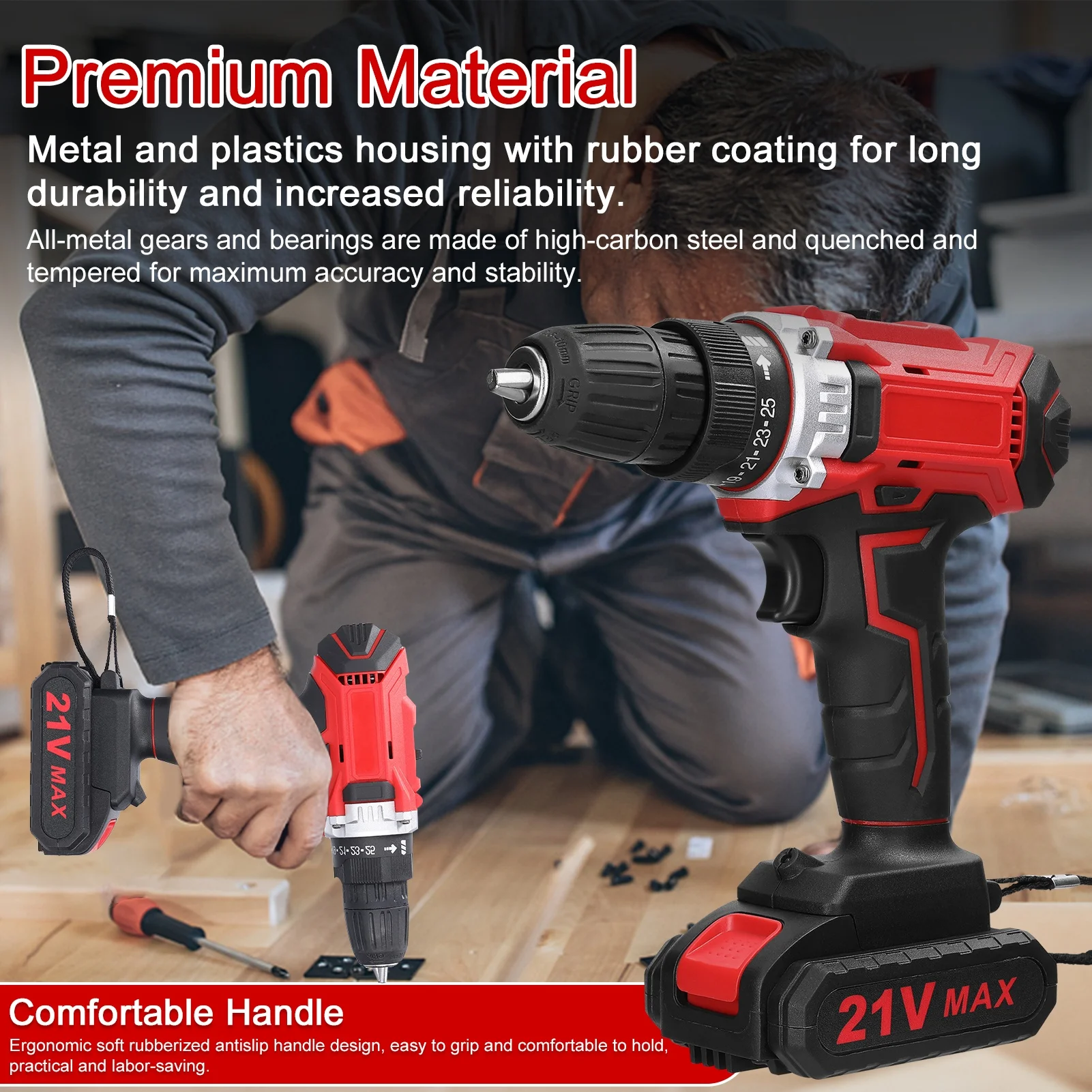 Household Multifunctional 21V Electric Drill 2 Speeds Control Stepless Speed Regulation Rotation Ways